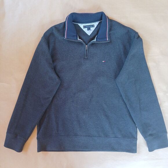 Tommy Hilfiger Men's Gray Signature Solid Quarter-Zip Sweater Size Large Preppy - Picture 1 of 10